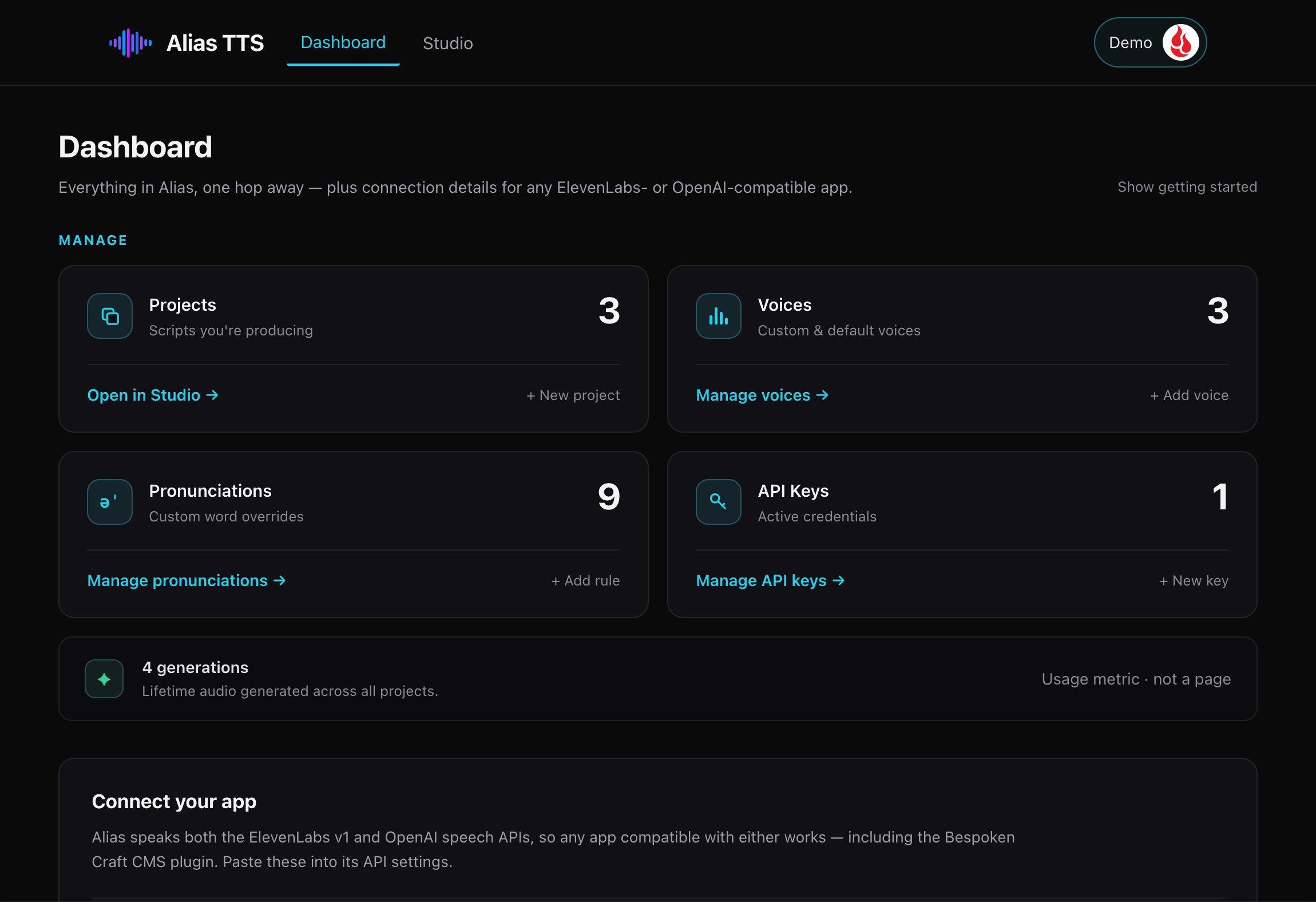 Connection details, API keys, and voice IDs ready to copy into a client.