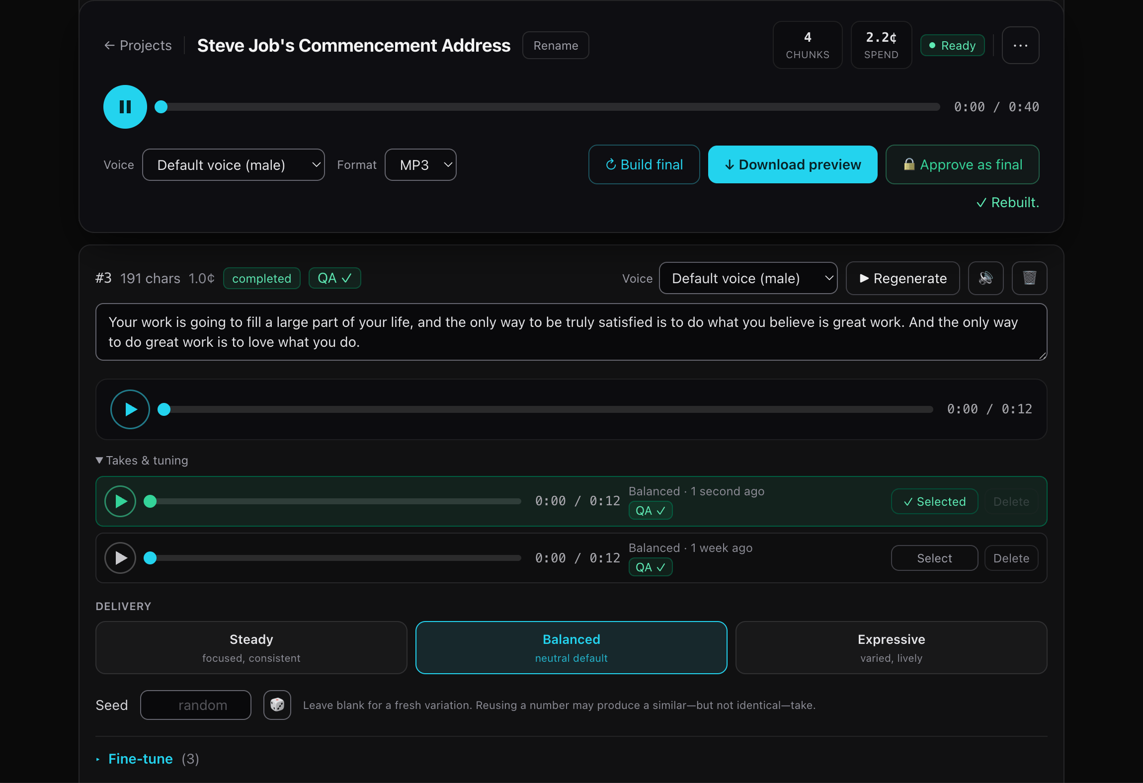 A Studio project with chunk editing, alternate takes, playback, and QA feedback in one workspace.