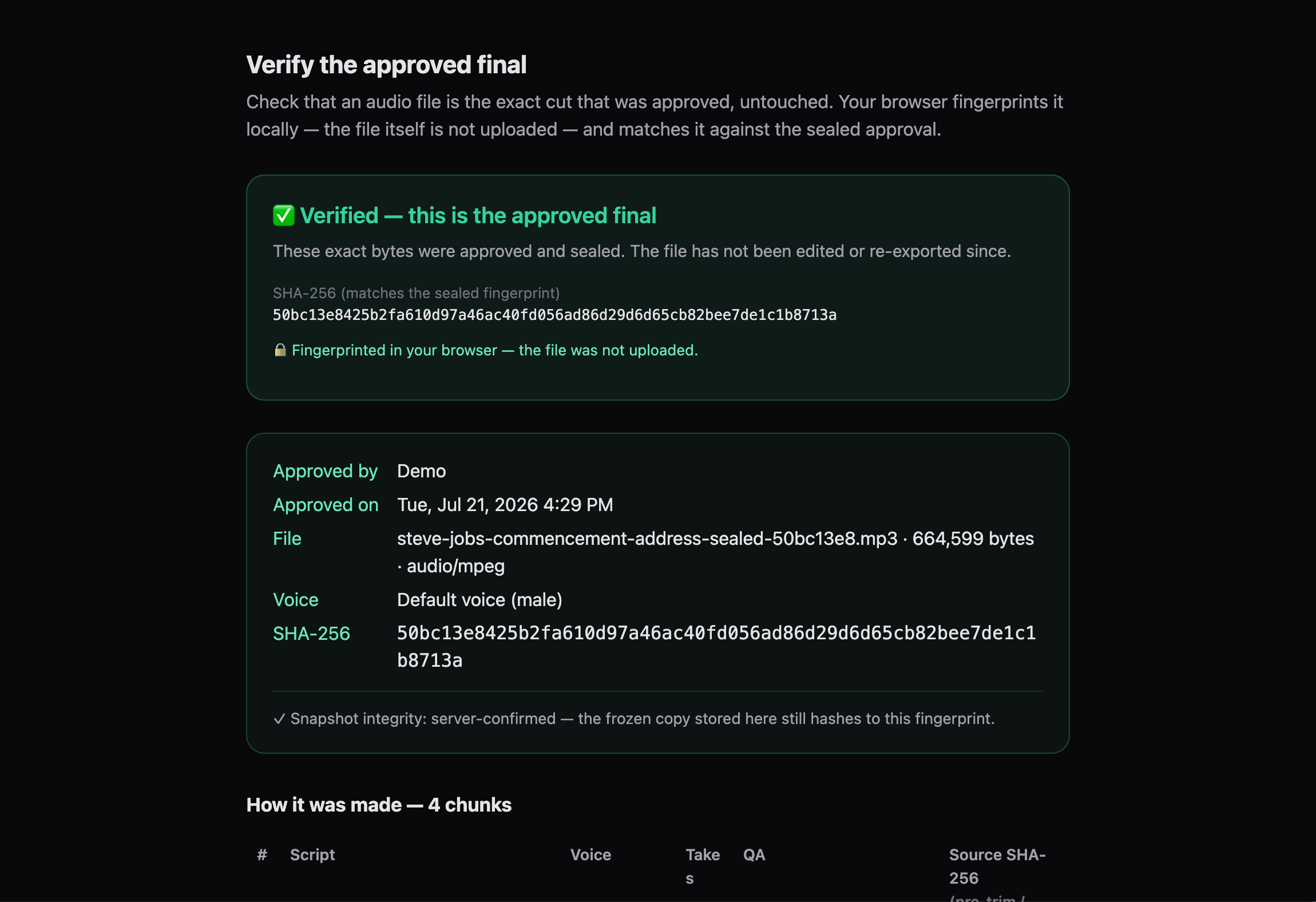 A public check confirming that an audio file matches its sealed approval.