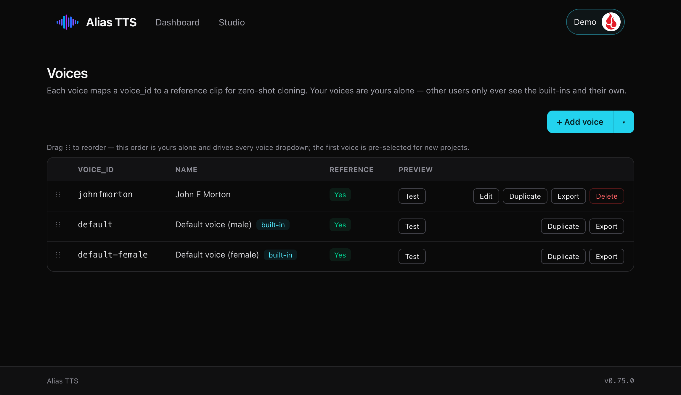 The voice workspace for recording, cleanup, delivery controls, and side-by-side auditions.